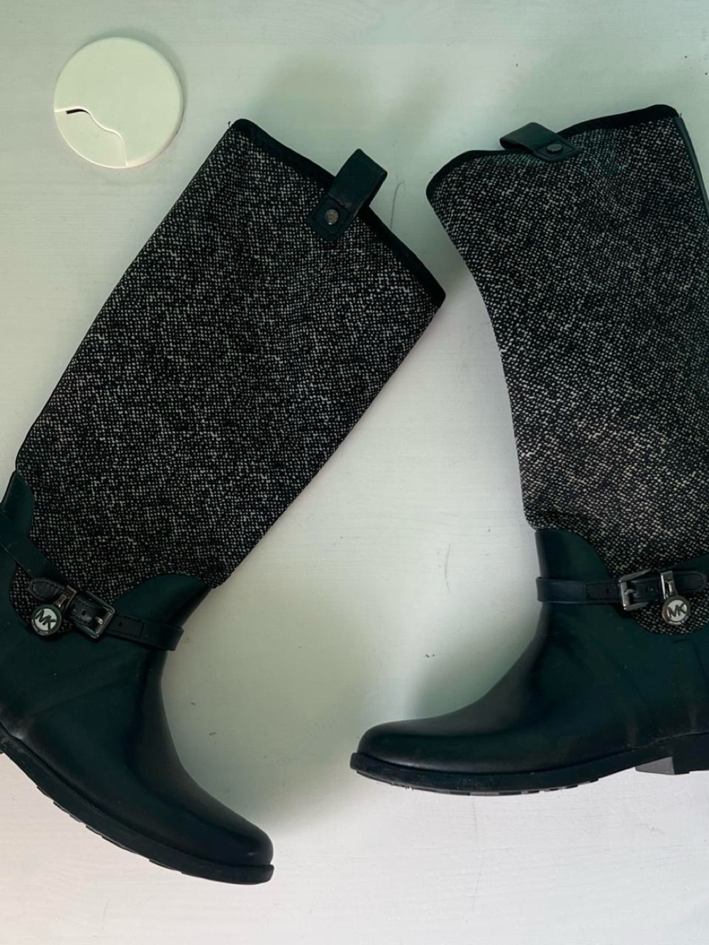 Michael Kors Fulton Black Tweed Neoprene Tall Rain Boots Women 8 Silver MK Logo